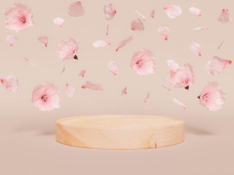 wooden cylinder for product display with falling cherry blossoms
