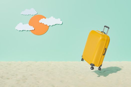 suitcase floating on beach sand with artificial sky background
