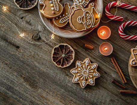 Festive gingerbread beside christmas decorations