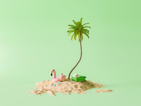 sandy beach island with palm tree and flamingo float