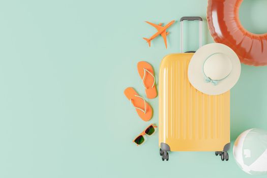 suitcase with summer travel accessories
