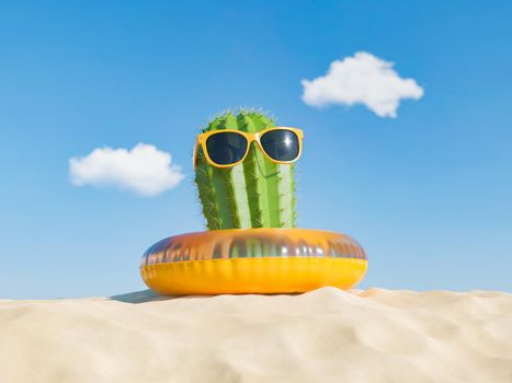cactus on a float on the beach sand