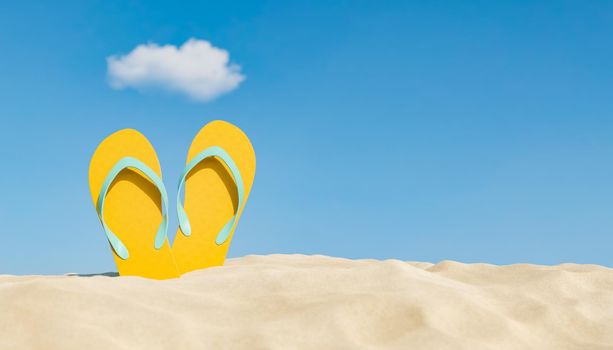 flip flops on beach sand with a cloud overhead