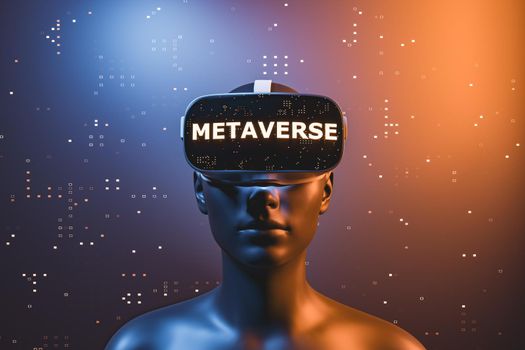 girl with virtual reality glasses with the word METAVERSE