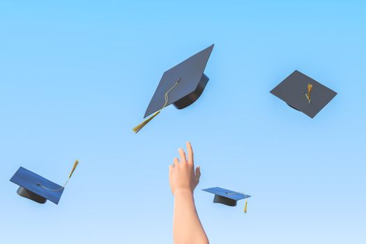 Academic hats and arm of student against blue backdrop