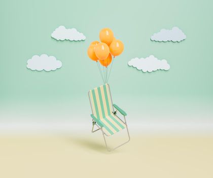 beach chair floating with balloons on a minimal background