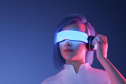 3d female character with futuristic VR glasses and headset