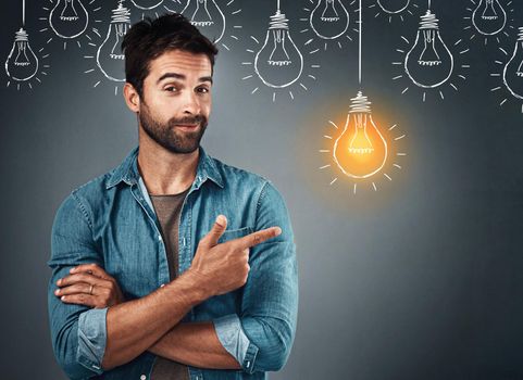 An idea is the seed of creation. Studio portrait of a handsome young man pointing towards an illustration of a lit light bulb against a grey background.