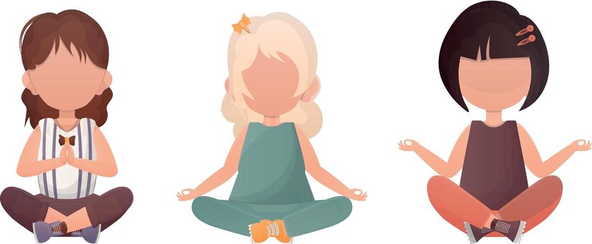 Little girls Sits in the lotus position. Yoga kids. Vector illustration in cartoon style. Set isolated on a white background.