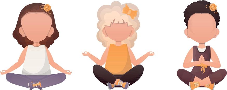 Little girls are meditating. Cute yoga, mindfulness and relaxation. Cartoon style. Set isolated on a white background.