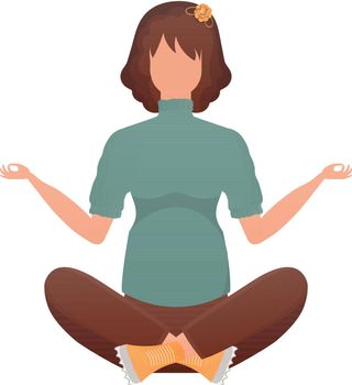 A woman sits in the lotus position. Isolated on white background. Cartoon style.