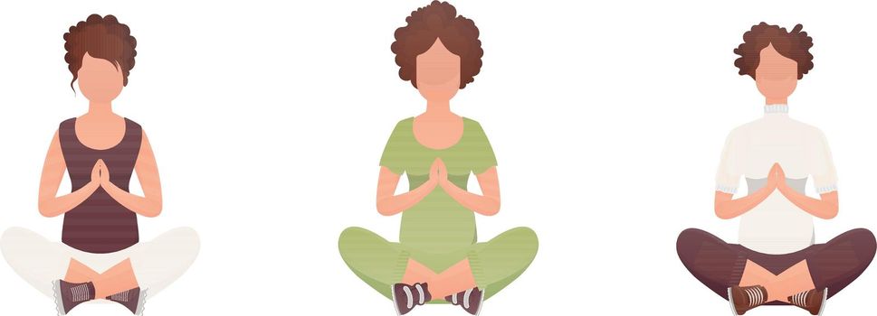 Set of Women Sits in the lotus position. Isolated on white background. Vector.