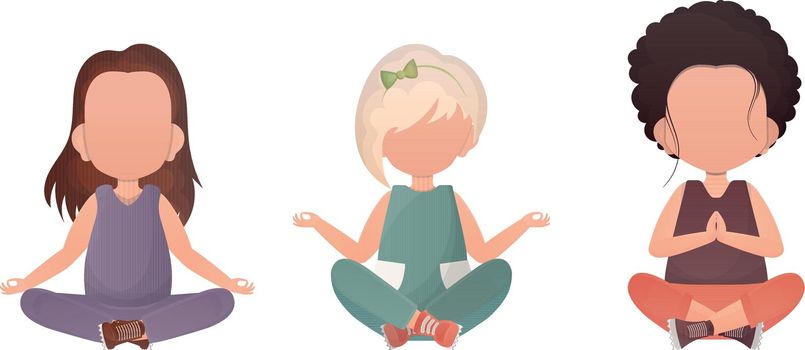Little girls Sits in the lotus position. Yoga kids. Vector illustration. Set isolated on a white background.