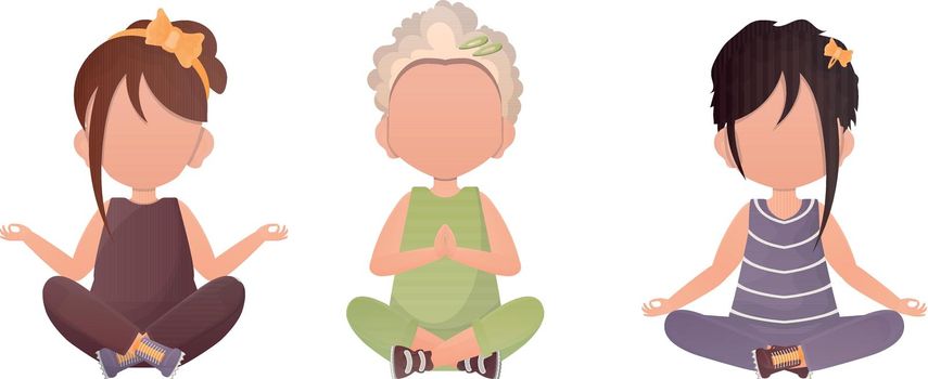 Little girls are meditating. Children's meditation. Vector illustration in cartoon style. Set isolated on a white background.