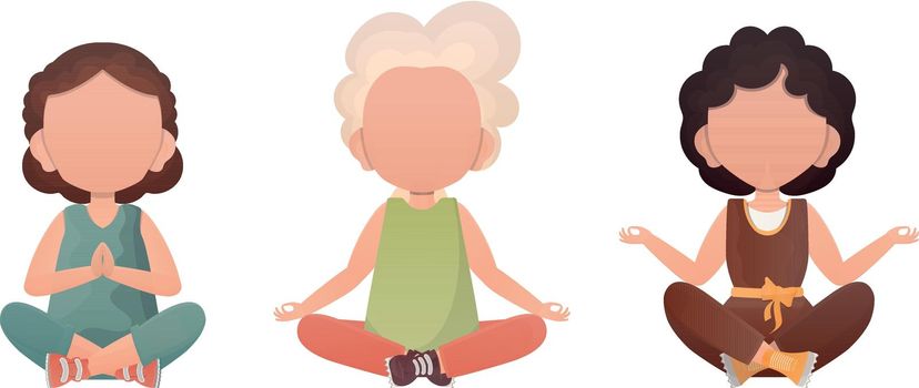 Little girls are meditating. Cute yoga, mindfulness and relaxation. Vector. Set isolated on a white background.