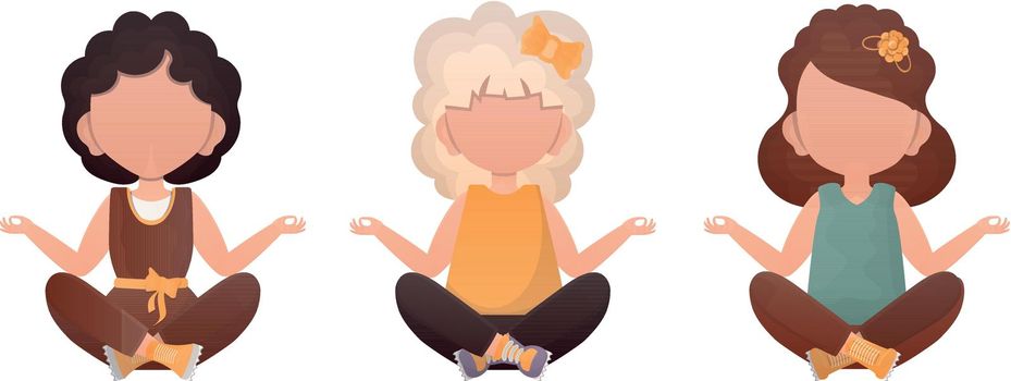 Little girls Sits in the lotus position. Yoga kids. Cartoon style. Set isolated on a white background.