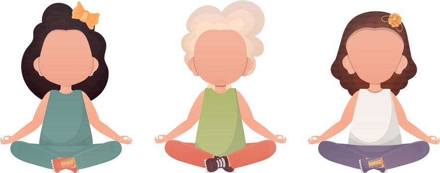Little girls Sits in the lotus position. Yoga kids. Vector. Set isolated on a white background.