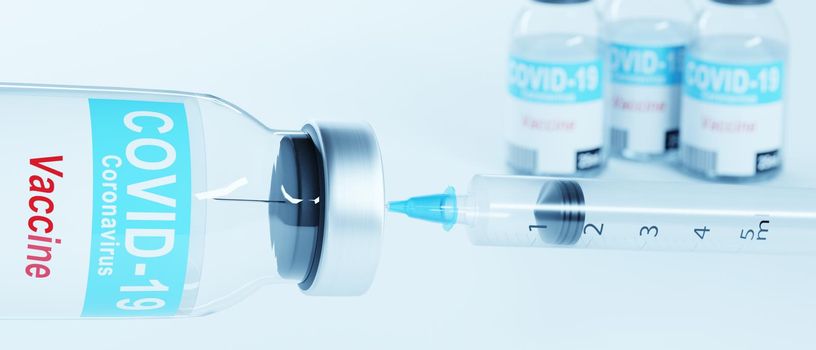 Medical syringe with a needle and a bollte with vaccine. 3D rendering