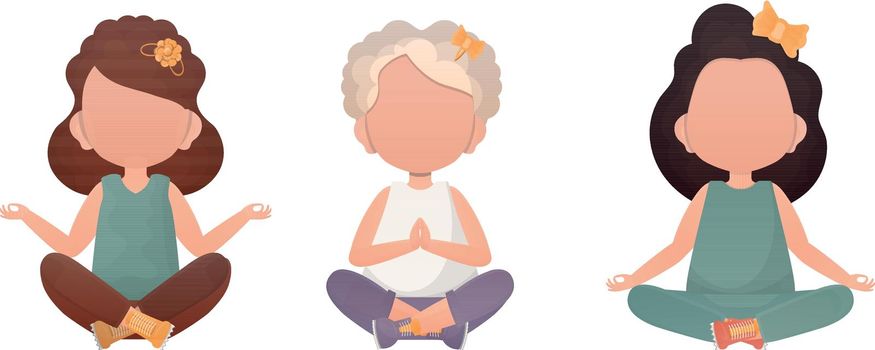 Little girls Sits in the lotus position. Children's meditation. Cartoon style. Set isolated on a white background.