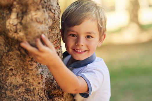 Hide and seek level expert. Shot of a happy little boy playing next to a tree in the park.