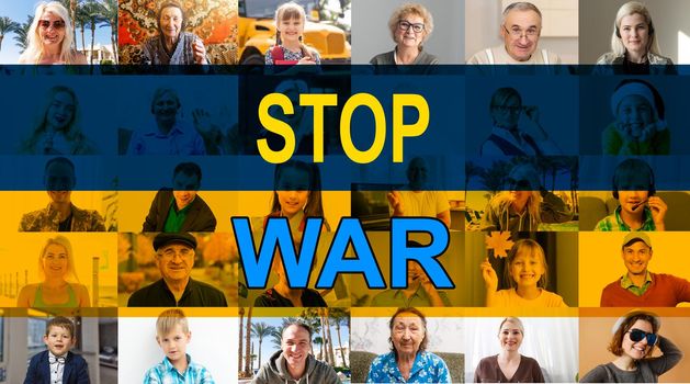 faces collage with flag ukraine. stop war