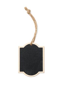 rectangular empty chalk tag on a brown rope. White isolated background
