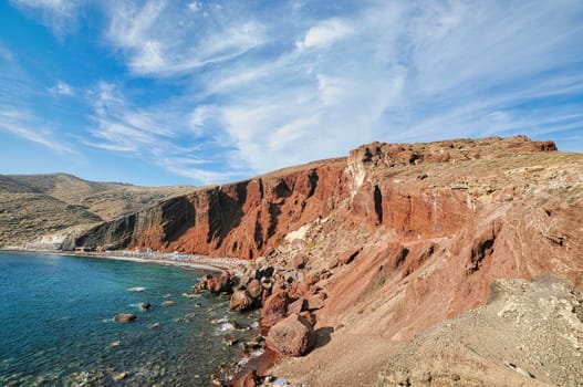 View at Red beach volcanic ash sand rock formation on Santorini island in Greece