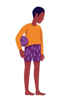 Lonely barefoot boy with ball semi flat color vector character