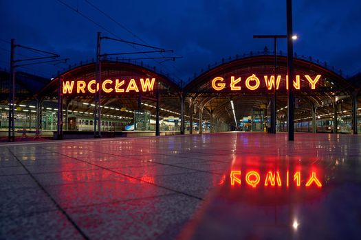 Platform of Wroclaw Glowny railway station at dusk