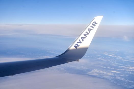 Logo of Ryanair, Irish ultra-low-cost carrier, on the airplane wing