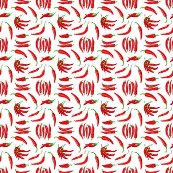 Digital illustration of a seamless pattern of red hot cayenne pepper pods on a white background