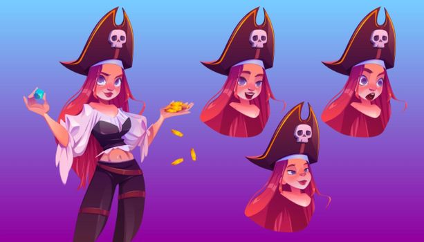 Pirate girl with treasure different face emoji
