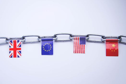 Country flags on a chain. Sanctioned countries. Closed countries.