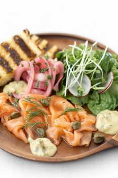 smoked salmon gourmet scandinavian food appetizer platter in sweden restaurant