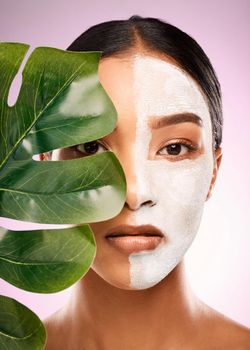 Mother Nature makes my beauty products. Studio shot of an attractive young woman holding a plant and having a facial against a pink background.