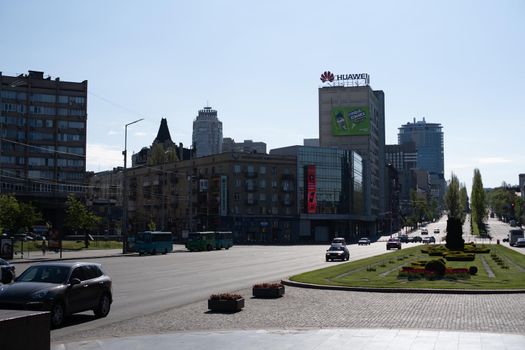 Kiev, Ukraine - May 09,2021: Victory Square, view of Victory Square, department store Ukraine, obelisk to hero-city Kiev.