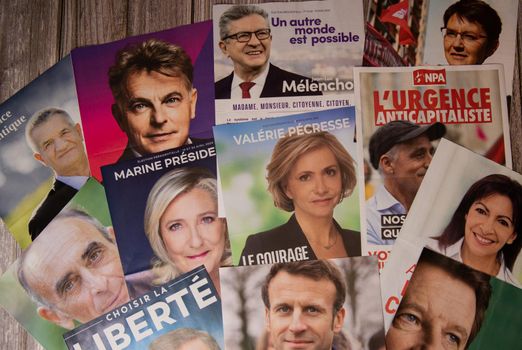 France, Paris, April 2022, The Twelve Professions of Faith for the 2022 presidential campaign in France, High quality photo