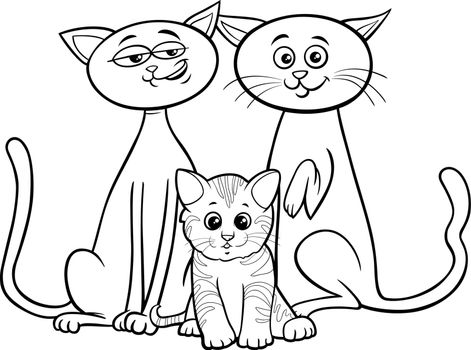 cartoon cat family with kitten coloring book page