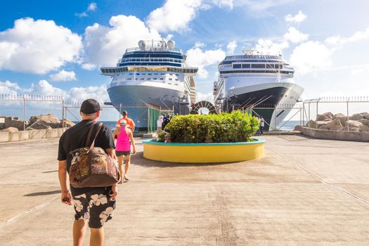 BASSETERRE, ST. KITS AND NEVIS 14 DECEMBER, 2016: Cruise passengers return to cruise liner at St Kitts Port Zante