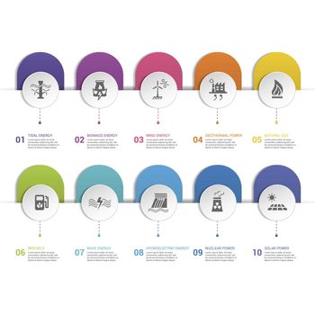 Infographic Alternative Energy template. Icons in different colors. Include Tidal Energy, Biomass Energy, Wind Energy, Geothermal Power and others.