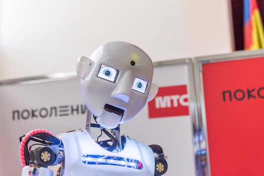STAVROPOL, RUSSIA - APRIL 6, 2019: Modern Promo robot on the technology exhibition in Stavropol, Russia
