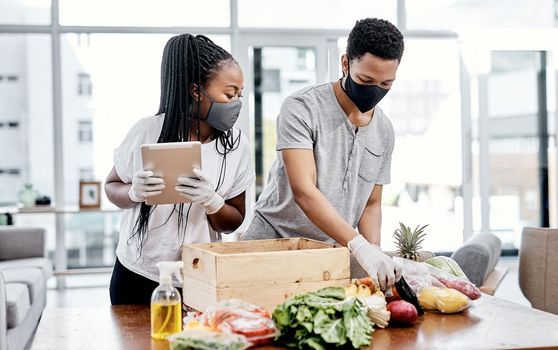 Grocery shopping just got a bit more complex. Shot of a masked young couple using a digital tablet while disinfecting their groceries at home.