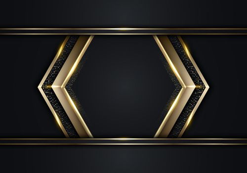 Modern luxury banner template design black arrow triangles and golden glitter 3D gold stripes line light sparking on dark background. Vector graphic illustration