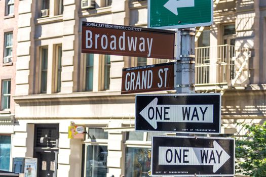NEW YORK, NEW YORK - MAY 16, 2019: Broadway street sign in New York City. Broadway is known for its musicals, theaters and shows
