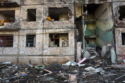 2022 Russian invasion of Ukraine bombed building destroyed Ukraine Russian aggression. Rocket bomb attack Russia against Ukraine war destruction building ruins Kyiv destroyed Mariupol damaged Kharkiv