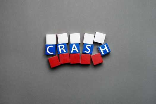 Wooden cubes with text concept crash blocks collapsed Russian federation crisis. Cubes crash text isolated flag Russia concept crisis. Disintegration block letters wood word crash in Russian flag cube