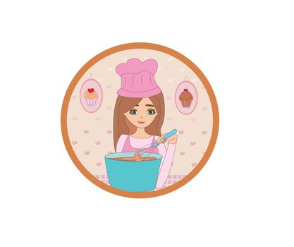 Cartoon of smiling woman in kitchen mixes the dough