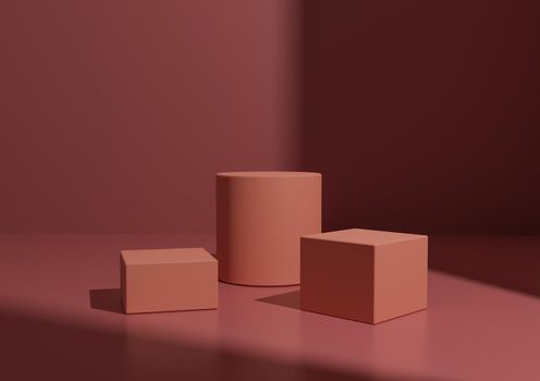 Simple Minimal Pastel Red Three Podium or Stand Composition for Product Display. Geometric form 3D Rendering Background with Window Light From Right Side.