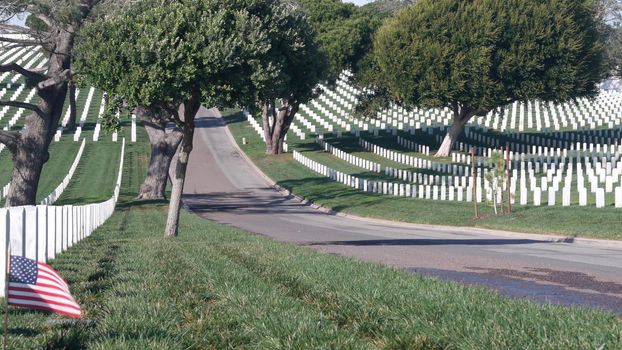 Tombstones and american flag, national military memorial cemetery in USA.
