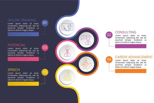 Infographic Business Training template. Icons in different colors. Include Online Training, Consulting, Potencial, Career Advancement and others.